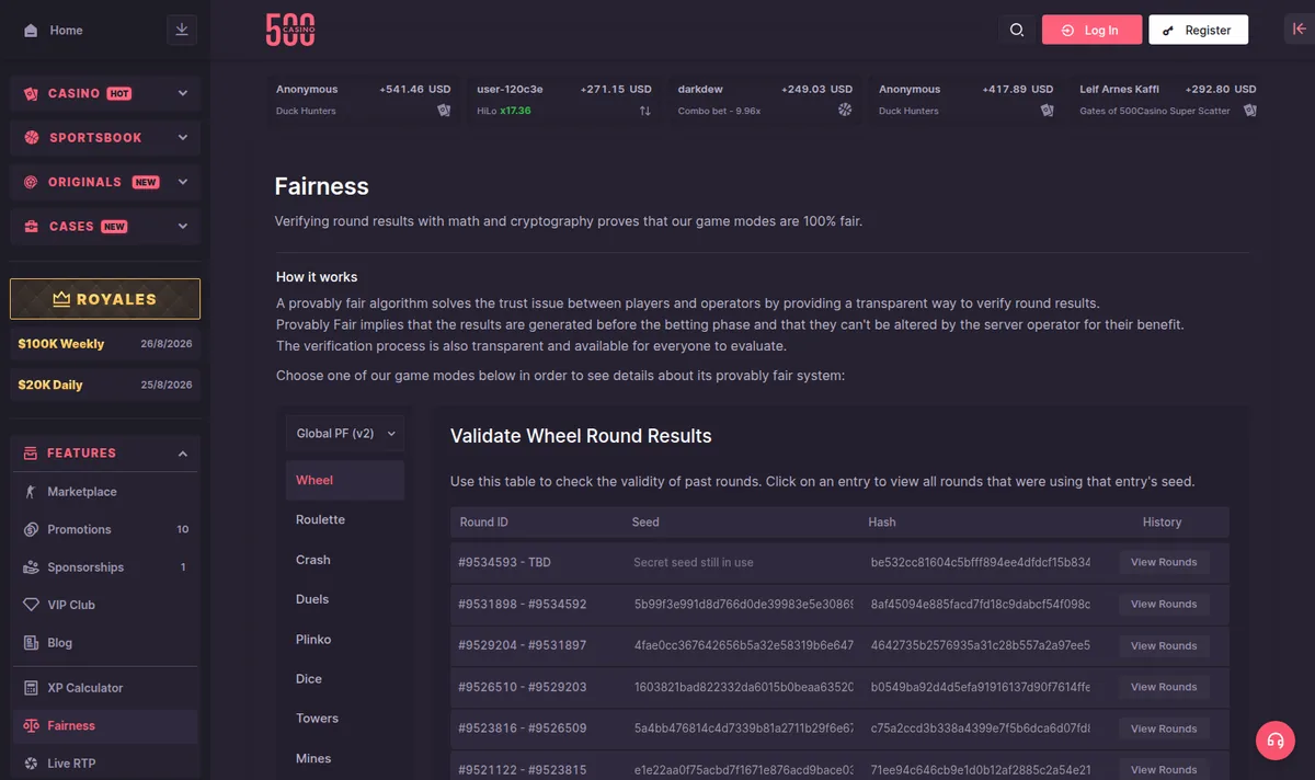 The CSGO500 fairness page, listing round IDs, seeds and hashes for every game mode