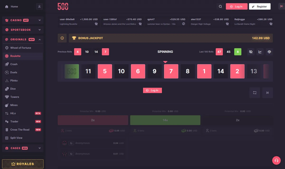 CSGO500 Roulette, with the Bonus Jackpot bar, previous rolls and the live bet columns