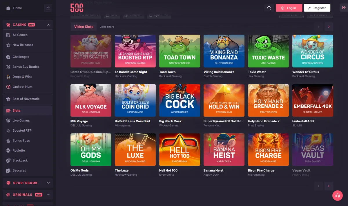 The CSGO500 slots lobby — 4,613 titles across Novomatic, Hacksaw Gaming and Evolution